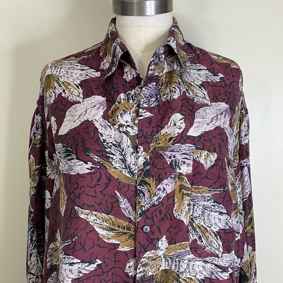 100% SILK FALL LEAVES SOFT BUTTON UP LONG SLEEVE BLOUSE SIZE LARGE UNISEX - Picture 9 of 14